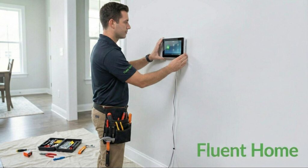 Technician installs a wall-mounted security control panel, with tools laid out on the floor nearby.