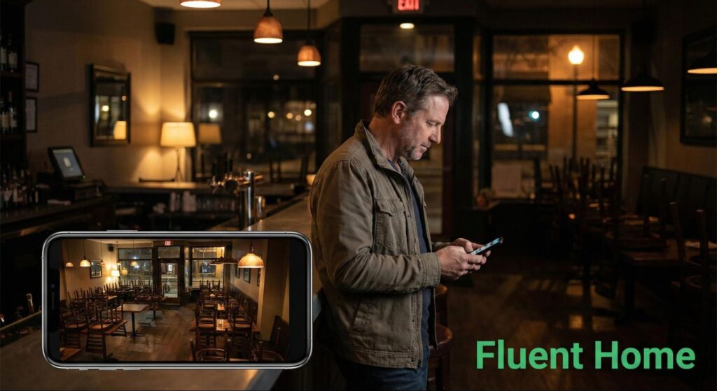 Restaurant owner stands inside an empty dining area, checking a phone displaying live security camera footage after hours.