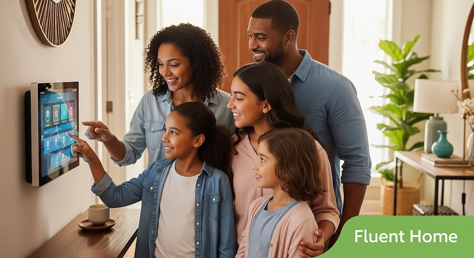 A smiling family of five stands in a bright living room, with two adults and three children gathered around a wall-mounted smart home touchscreen; one child reaches up to tap the display while the others watch, and a “Fluent Home” logo appears in the corner.