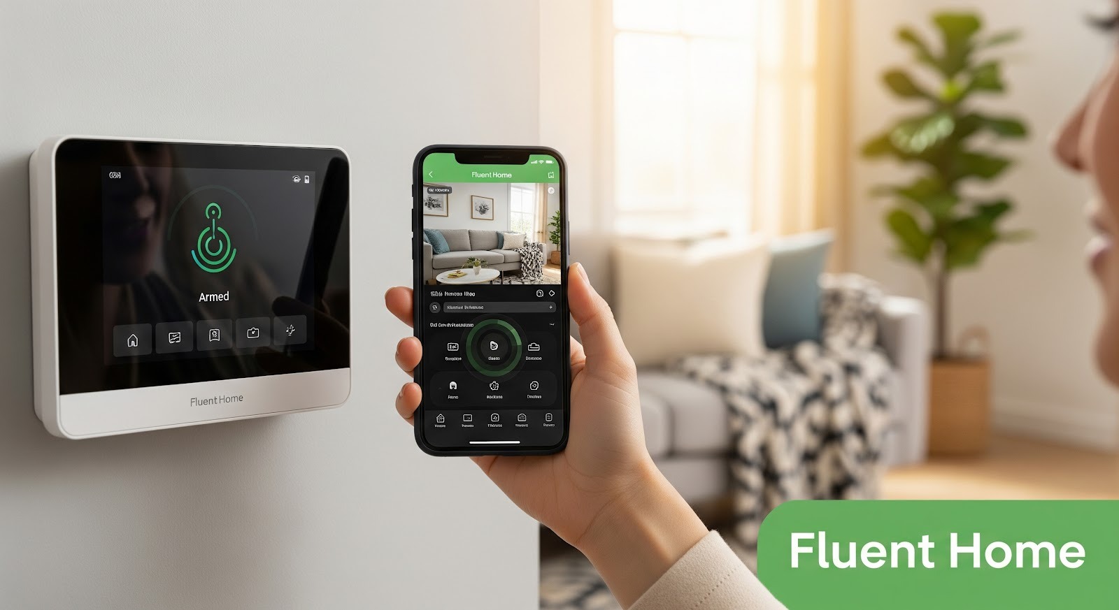 Close-up of a wall-mounted Fluent Home security panel displaying “Armed” beside a hand holding a smartphone showing the Fluent Home app with live home controls; the scene is set in a bright living room, with a “Fluent Home” logo in the corner.
