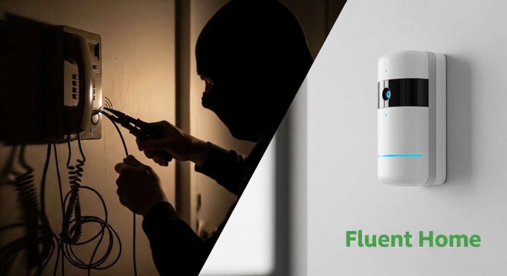 Split-image contrasting security vulnerability and protection: on the left, a shadowy intruder cuts a wired wall phone line in a dimly lit interior; on the right, a modern wireless motion sensor is mounted on a wall, glowing to indicate active monitoring, with a “Fluent Home” logo in the corner.