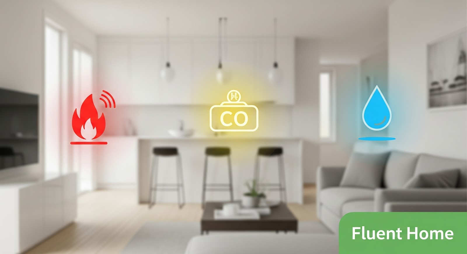 Bright, modern living room and kitchen with overlaid icons showing a fire alert, a carbon monoxide detector, and a water leak symbol, representing smart home safety monitoring.