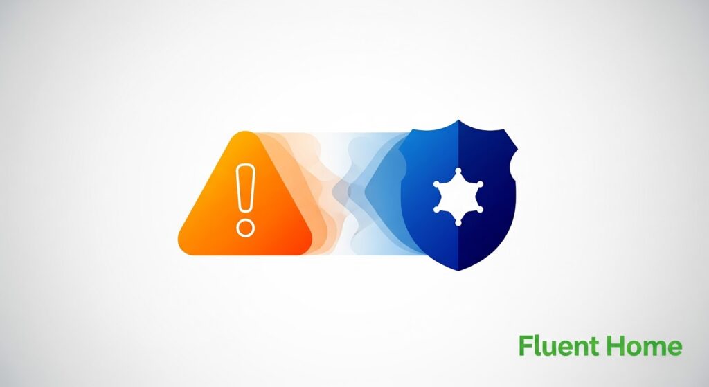 Stylized graphic showing an orange warning triangle transitioning into a blue shield with a badge, symbolizing alerts being transformed into protection or security, with Fluent Home branding.