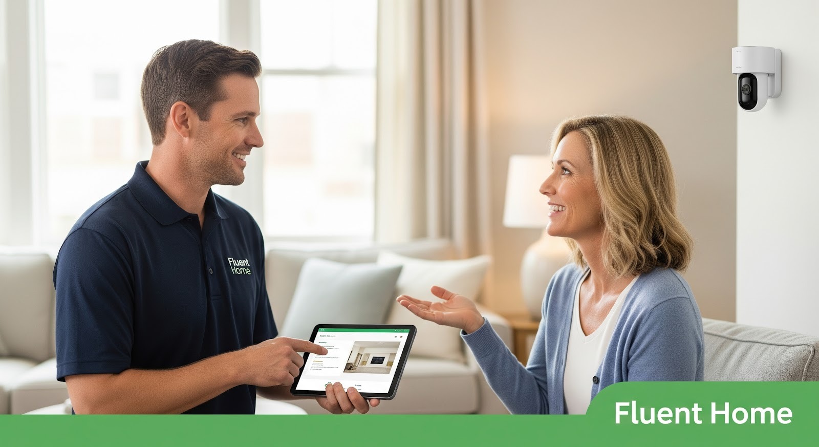 A home security professional wearing a Fluent Home shirt shows a tablet to a smiling woman in her living room, while a wall-mounted indoor security camera is visible behind them, suggesting an in-home smart security consultation.