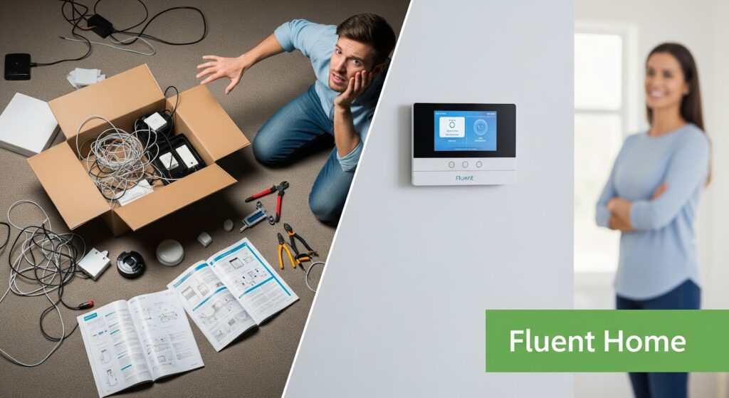 Split-image comparison showing a frustrated man kneeling on the floor beside an open box of tangled smart home equipment, tools, and instruction manuals on the left, contrasted with a clean wall-mounted Fluent smart home control panel on the right; a woman smiles in the background, and a “Fluent Home” logo appears in the corner.