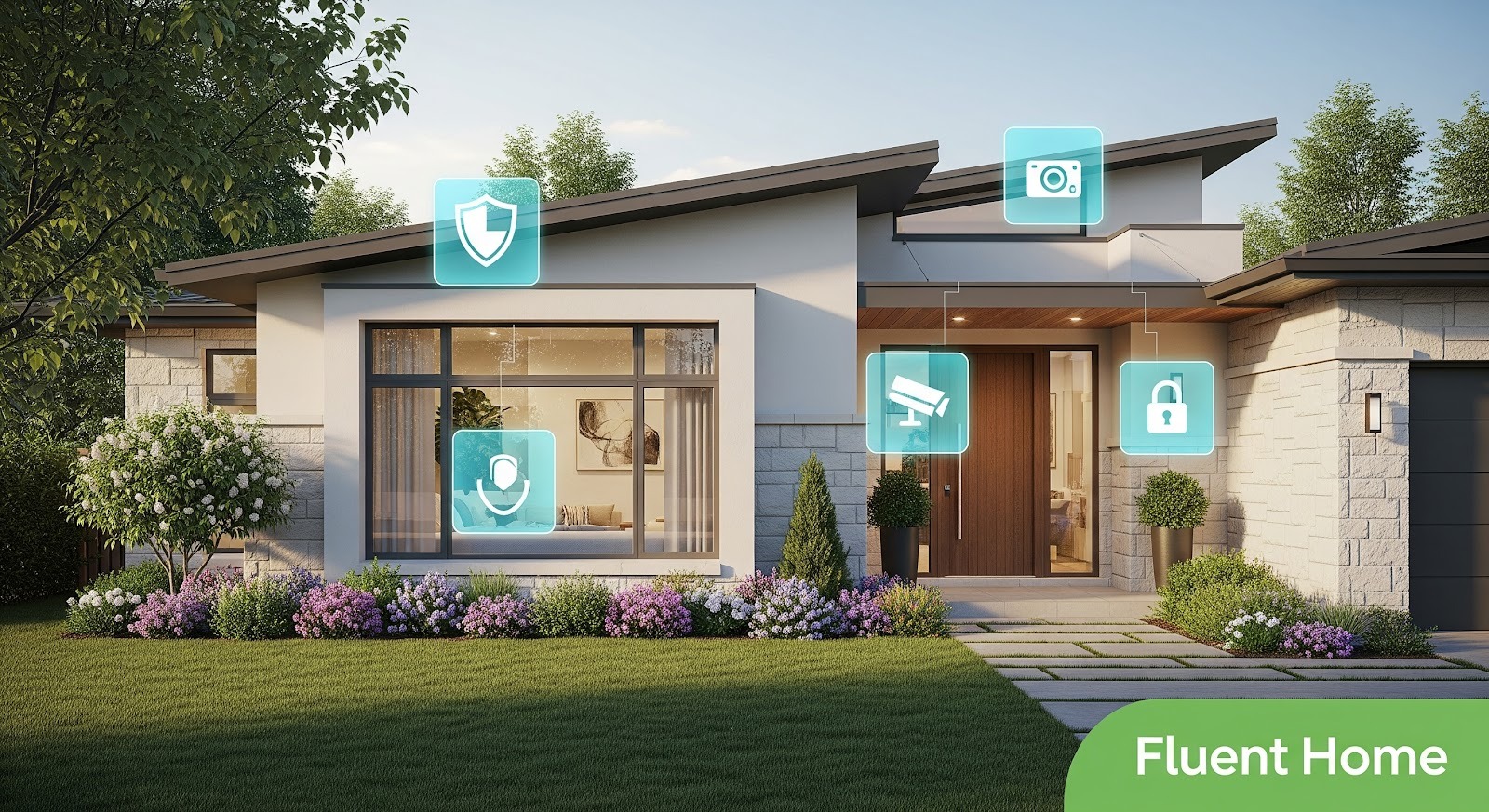 Exterior of a modern single-story home with landscaped lawn and garden beds, overlaid with glowing smart home security icons—shield, camera, motion sensor, and lock—indicating connected home protection; a “Fluent Home” logo appears in the corner.