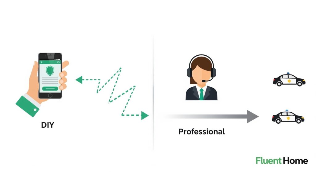 Simple infographic comparing DIY versus professional home security monitoring: on the left, a hand holds a smartphone with a shield icon labeled “DIY,” connected by zigzag arrows; on the right, a headset-wearing monitoring agent labeled “Professional” is shown directing police cars, with a Fluent Home logo in the corner.
