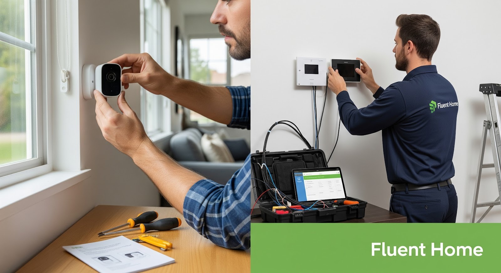 Split-image showing smart home installation: on the left, a man installs a small indoor security camera near a window using hand tools and instructions on a table; on the right, a professional Fluent Home technician mounts and configures wall control panels with connected wiring and equipment, with a “Fluent Home” logo at the bottom.