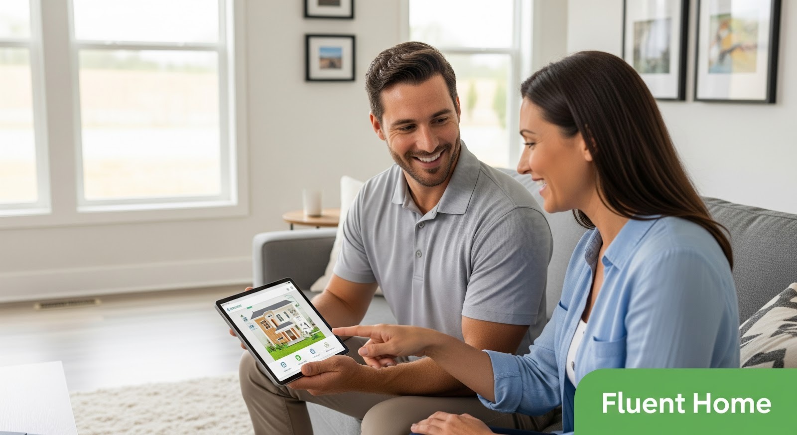 A smiling couple sits together on a couch in a bright living room, reviewing a smart home app on a tablet that displays a house and security controls; the woman points at the screen while the man holds the device, with a “Fluent Home” logo in the corner.