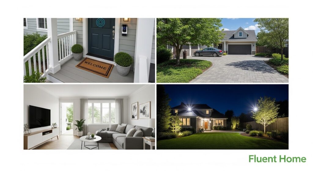Four-panel collage showing smart home coverage: top left, a front porch with a video doorbell beside the door; top right, a daytime view of a suburban home and driveway; bottom left, a bright, modern living room interior; bottom right, the same home at night with exterior lights illuminating the yard, with a Fluent Home logo in the corner.