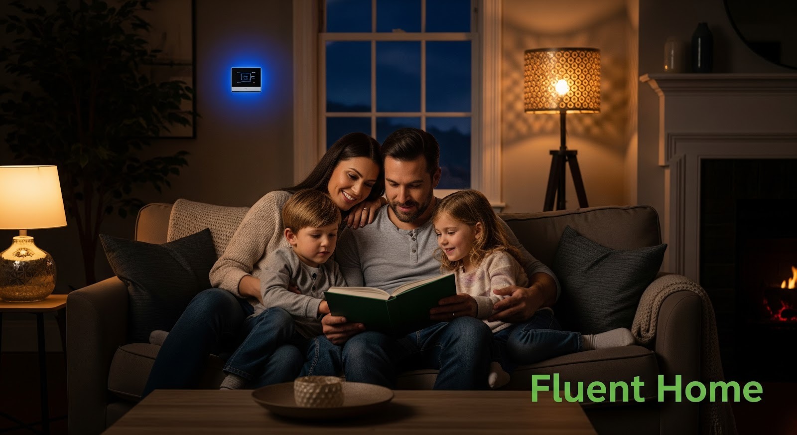 A family of four sits closely together on a couch in a warmly lit living room at night, parents and two young children reading a book together; a glowing wall-mounted smart home control panel is visible behind them, suggesting home security, with a “Fluent Home” logo in the corner.