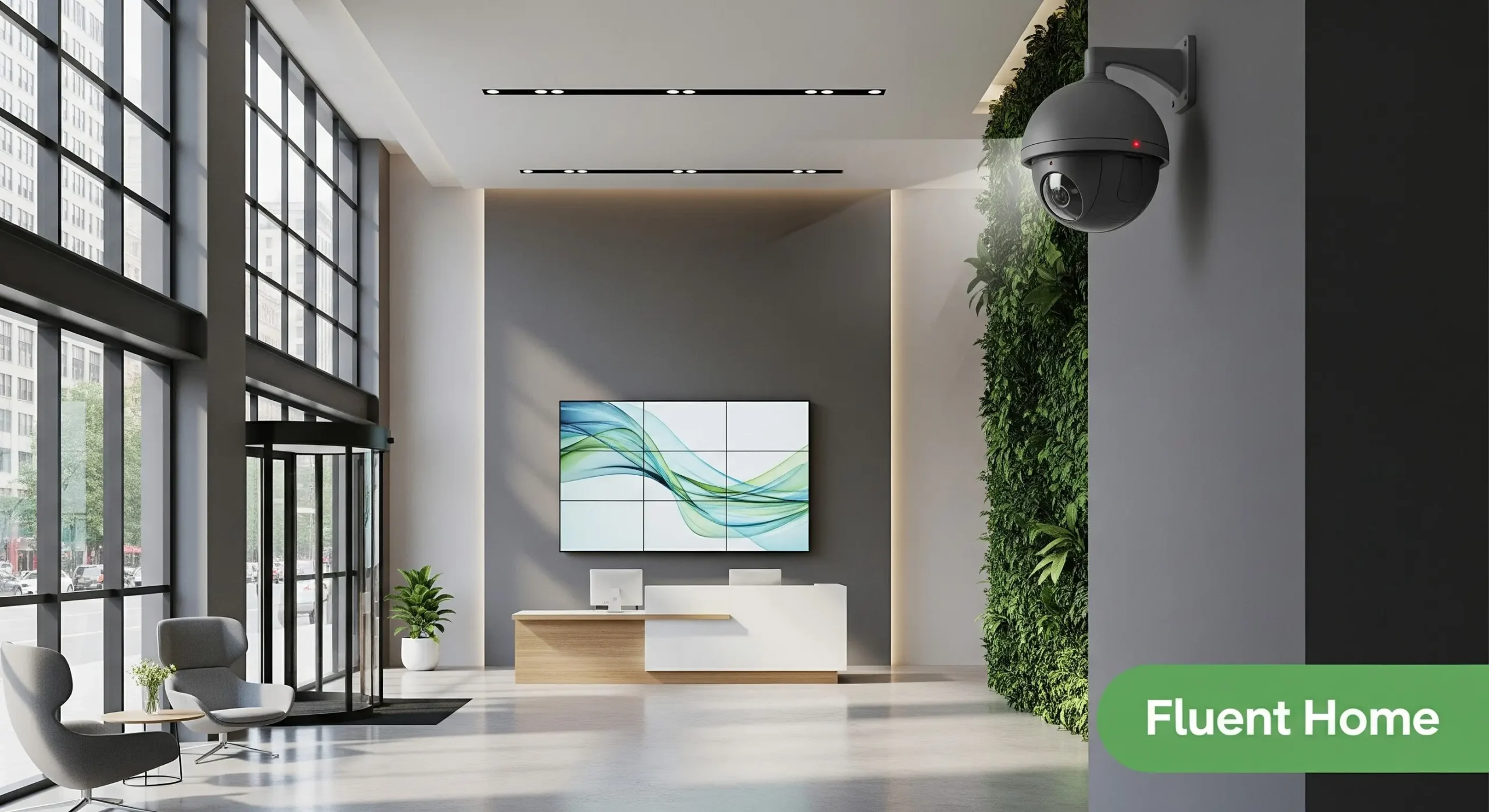 A modern office lobby with tall floor-to-ceiling windows, a sleek white and wood reception desk, and a large wall-mounted display showing abstract green and blue waves. Comfortable lounge chairs sit near the entrance, and a vertical living plant wall adds greenery to the space. A black dome security camera is mounted high on the right wall. The bottom right corner features a green label with the text “Fluent Home.”