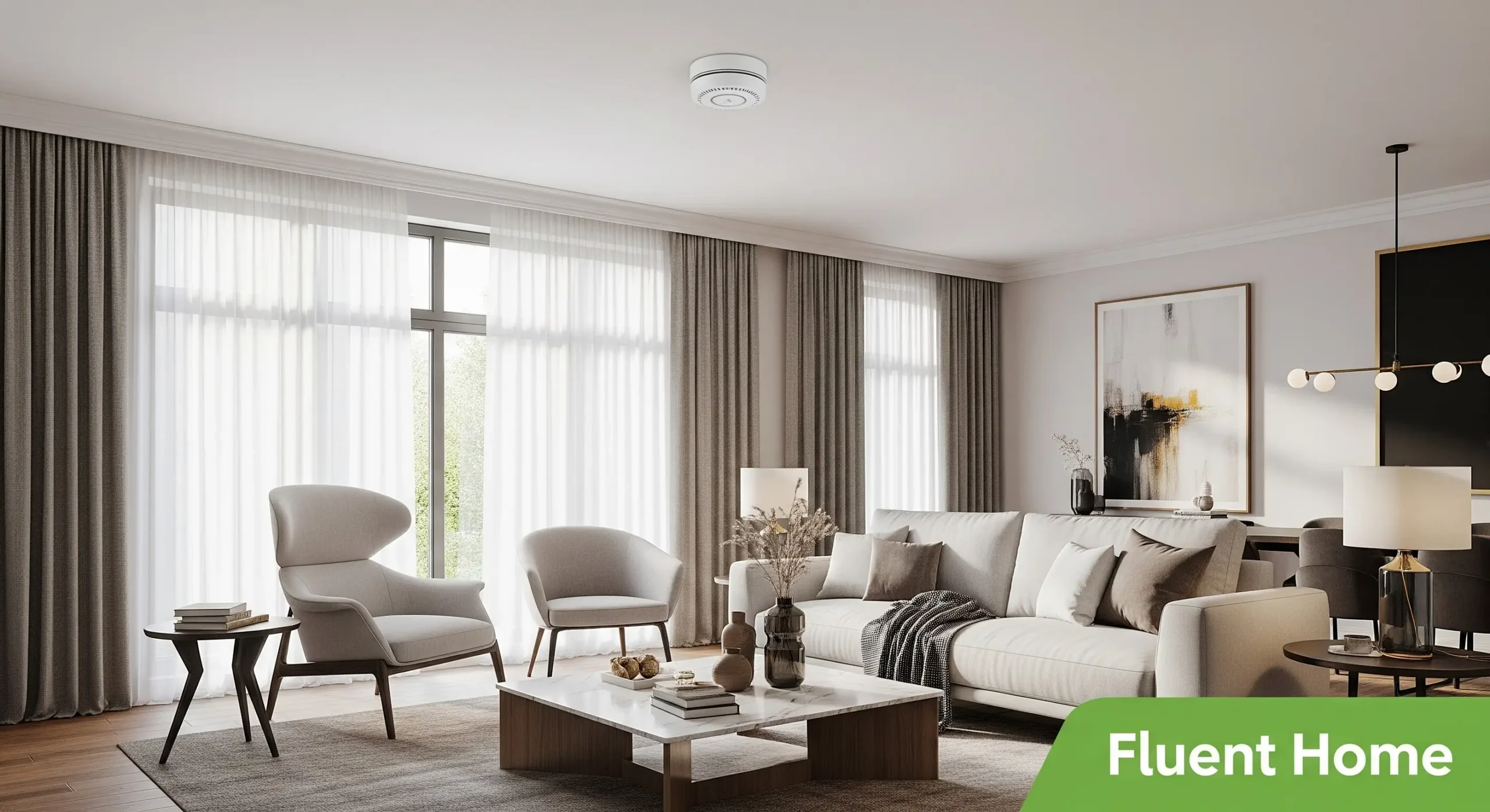 A bright, modern living room with large windows, sheer curtains, and neutral-toned furniture, including a sofa, armchairs, and a marble coffee table decorated with vases. A round white smoke or carbon monoxide detector is mounted on the ceiling. The “Fluent Home” logo appears in the bottom right corner.