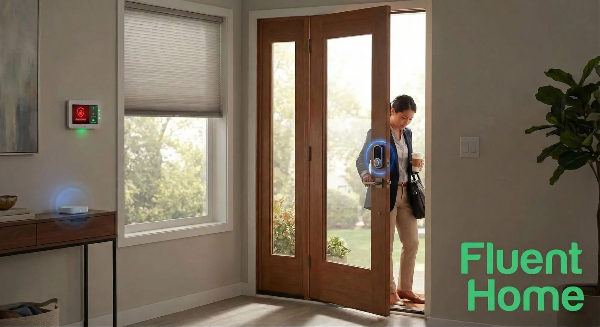 Woman leaves for work through the front door as the smart lock activates and the home security panel shows system status.