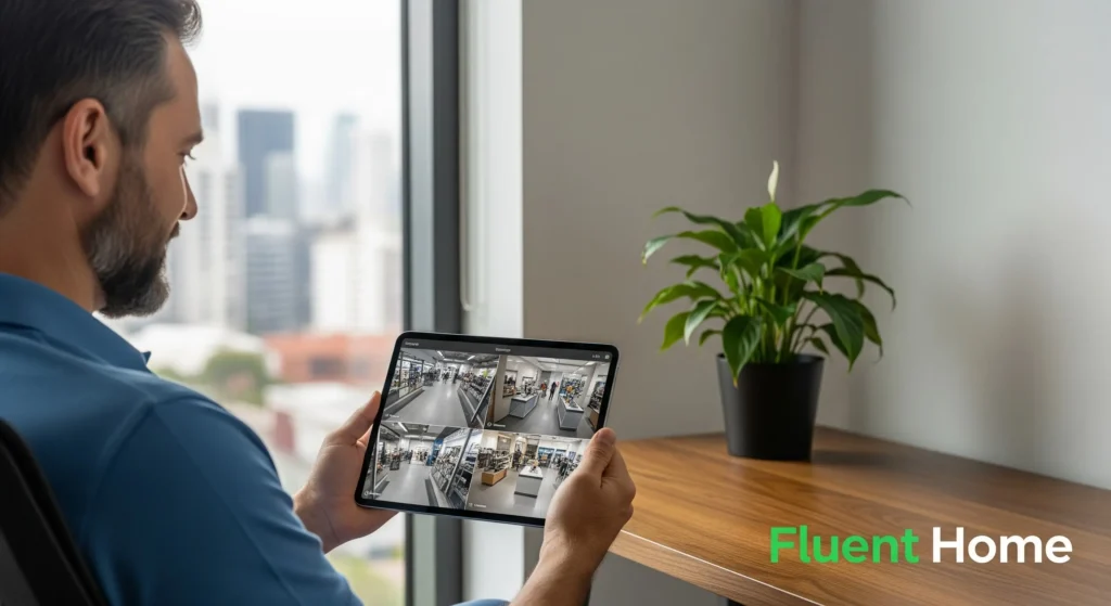 A person sitting by a window holds a tablet displaying a four-camera security feed showing different areas of a building interior. A potted plant sits on a wooden desk nearby, and a city skyline is visible through the window. The words “Fluent Home” appear in green and white text in the bottom right corner.