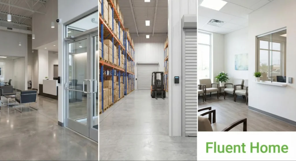 Office lobby, warehouse aisle, and clinic waiting room shown with access control readers and security devices installed.