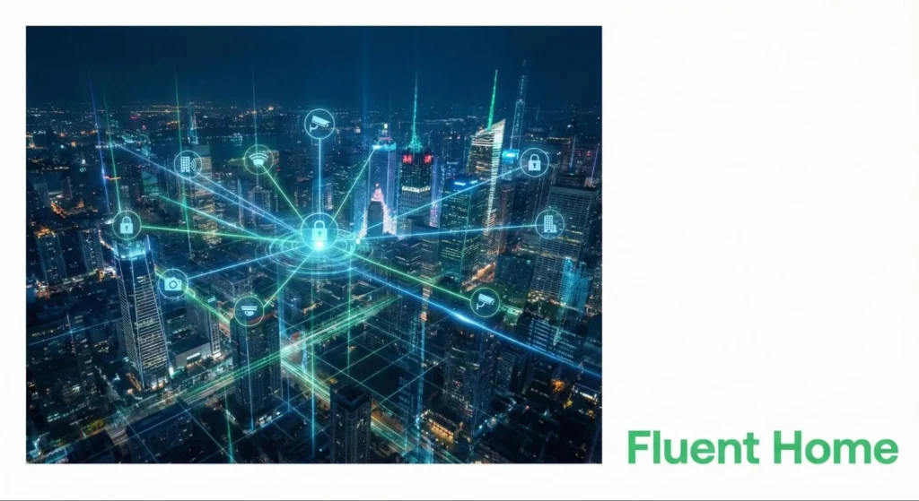 City skyline at night with digital security icons and network lines showing interconnected smart-building protection.