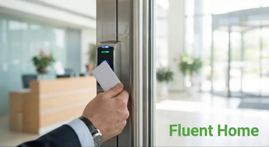 Hand holding a keycard to unlock a secure office door with an access reader.